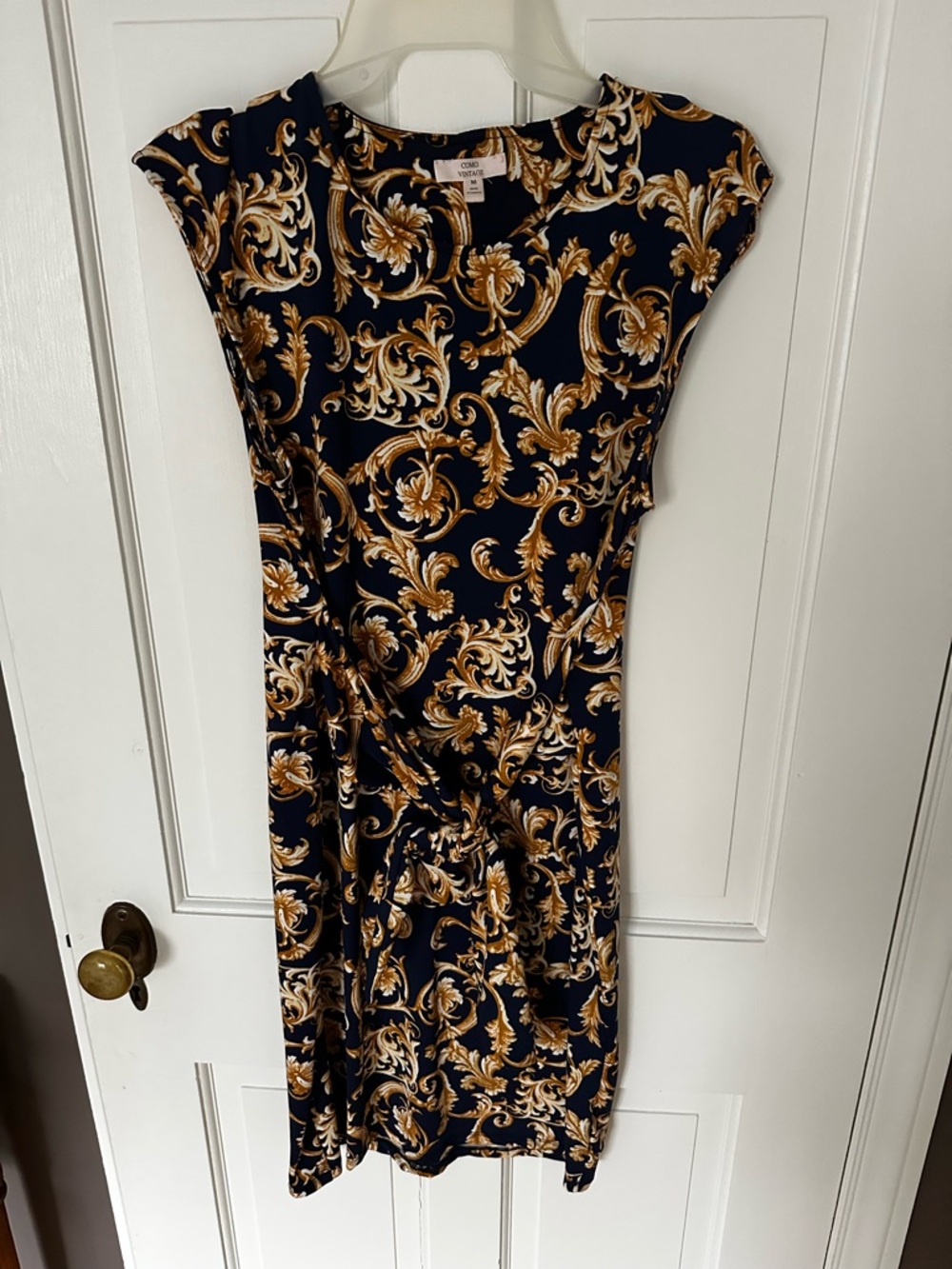 Como Vintage Navy and Gold Scroll-Print Midi Dress